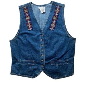 Cherokee Vintage Aztec Beaded Jean Vest Women’s Large with Button Closure